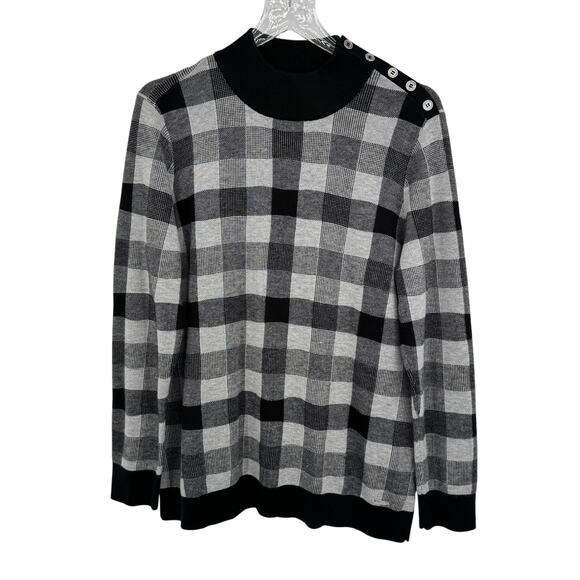 Calvin Klein sweater women's large pullover mock neck check button black white - Picture 1 of 9
